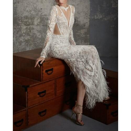 SSYFashion New Luxury Lace Feathers Evening Dress White Long Sleeves lllusion Appliques Sexy Slim Mermaid Formal Prom Gown