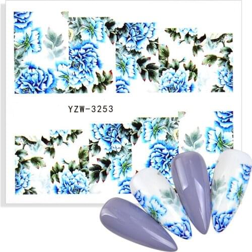 1pcs Blooming Flower Nail Stickers Decals Water Summer Sliders Blue Peony Green Leaf Leopard Elk Design For DIY Manicure