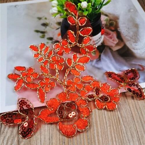 50Pcss Red Lace Appliques Golden Thread Venice Lovely Fabric Patch Embroidery DIY Clothing Wholesale Price
