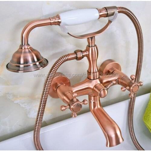 Antique Red Copper Wall Mounted Bathroom Tub Faucet W/ Hand Shower Sprayer Clawfoot Mixer Tap Kna340