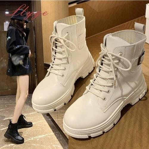 Fashion Ankle Boots Women British Style Winter Elastic Short Boots Thick Sole Round Toe Lace Up Autumn Shoes Non-slip Female New