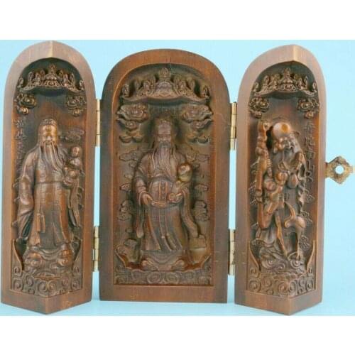 BUDDHIST CHINESE BOXWOOD BOX STATUE HAND-CARVED BODHISATTVA SPIRITUAL OLD GIFT