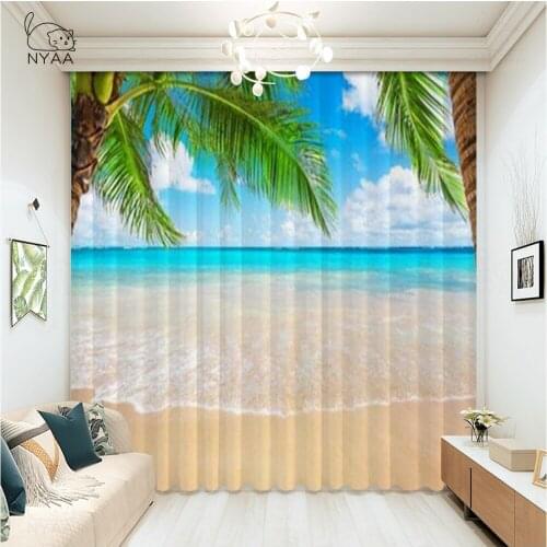 Blue Sky Ocean Palm Leaves Curtains For Kitchen Tropical Sea Beach Curtain For Window Cafe Dining Room Curtains Micro Shading