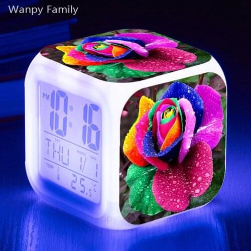 Colorful roses flower Alarm Clock Glowing LED Color Digital Alarm Clock Kids Room Multifunction Night Light Watches Clock
