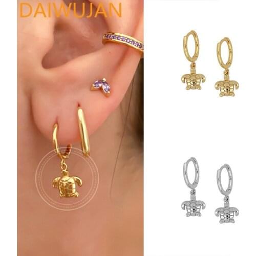 DAIWUJAN Trendy 925 Sterling Silver Hoop Earrings For Women Men Hiphop Animal Turtle Pendant Piercing Earring Jewelry Brincos
