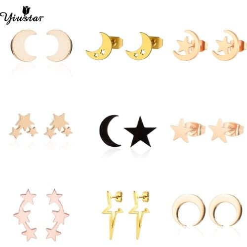 Yiustar Fashion Moon Star Jewelry Tiny Stars Moon Earrings Asymmetric Korean Style Stainless Steel Bijoux Earrings for Women Kid