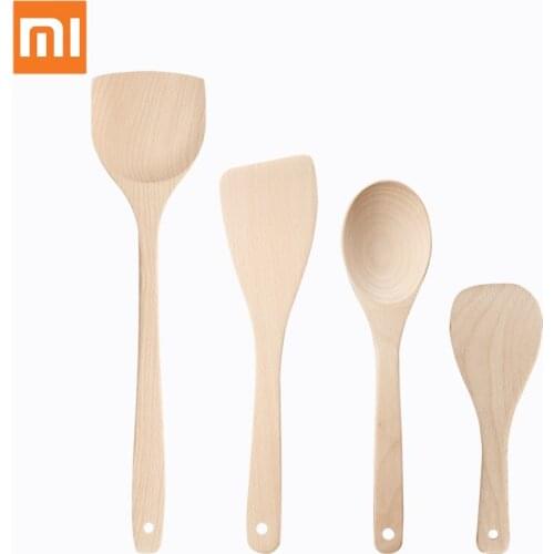 4Pcs Xiaomi Mijia Cooking Kit Natural Wooden Polished Cookware Set Kitchen Cooker Tool Wood Soup Spoon Fried Shovel Spatula
