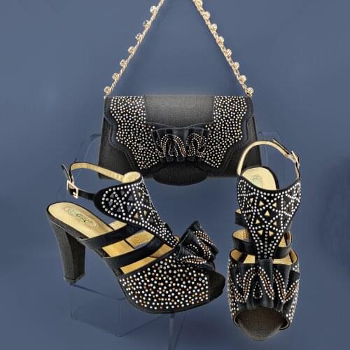 2020 Ladies Italian design Shoe and Bag Set Black Color Shoe with Matching Bag Set Nigerian Shoes and Bag Set for Party Wedding