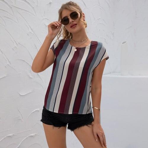 Summer New Women Casual T Shirt O Neck Contrast Color Stripe Patchwork Sexy Backless Straight Tops Ladies Streetwear Tee Shirts