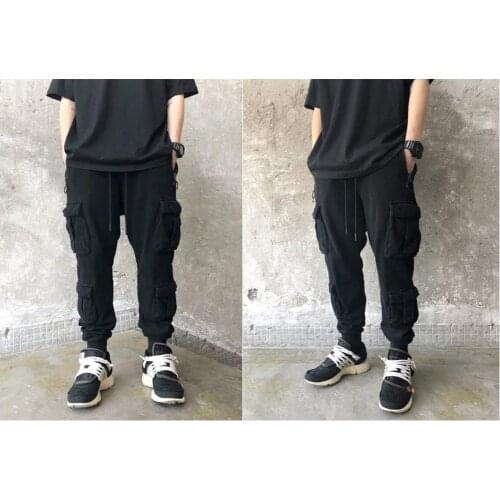 New Black Mens Military Cargo Pants Loose Fit Biker 3 Diognal Zipper Side Pockets Sweatpant Joggers / Tapered Fit Round Zipper