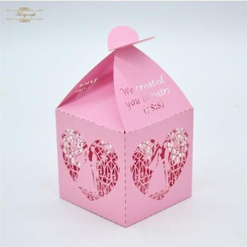 British style custom design bride and groom laser cut pink wedding favor box