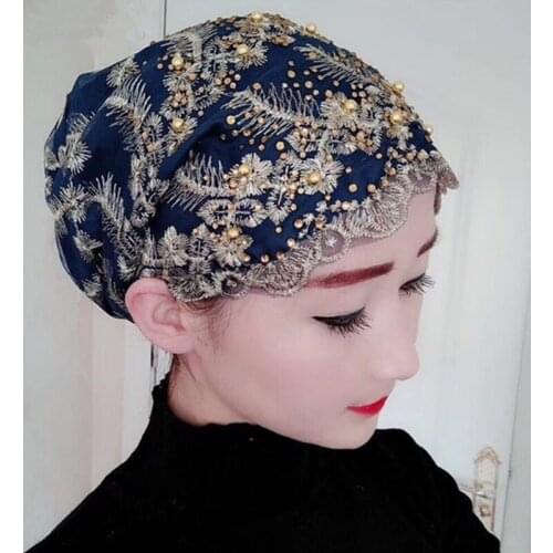 Lace Womens Turban Bonnet Embroidery Muslim Headscarf Caps Ready to Wear Turban Hijabs Femme Head Wraps Chemo Hairloss Hat