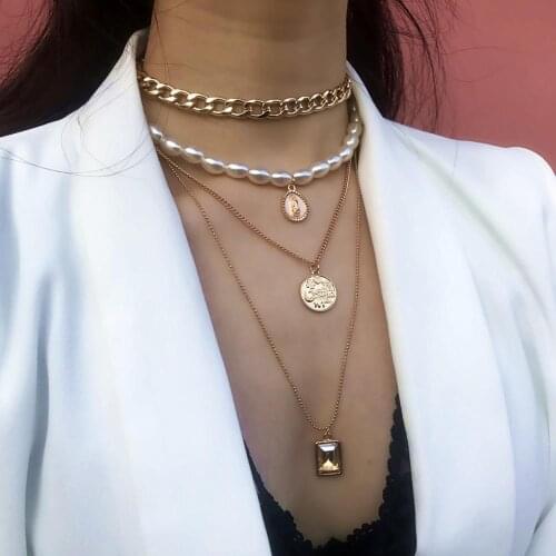 DIEZI Vintage Multilayer Pearl Necklace For Women 2019 New Gold Color Coin Chain Choker Statement Necklace For Girls Jewelry