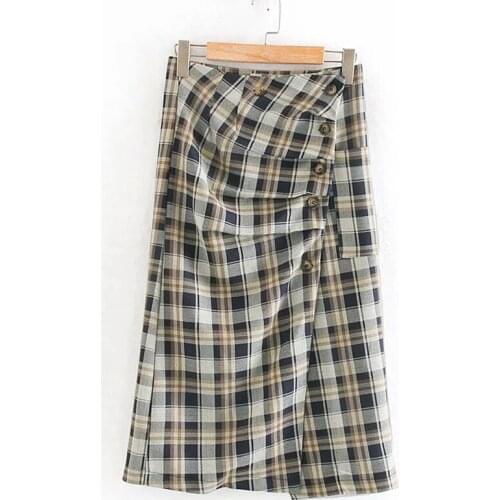 Womens Retro Lattice British Style High Waist Slit Chic Buttons Pleated Mid-Length Fashion Skirt Spring