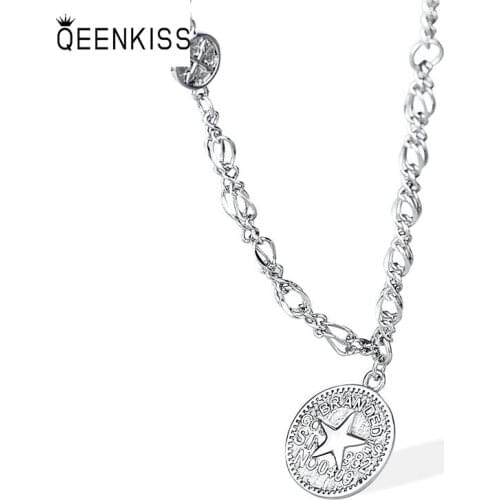QUEENKISS NC689 Fine Jewelry Wholesale Fashion Lady Girl Birthday Wedding Simplicity Round Star 925 Silver Pendant Necklace
