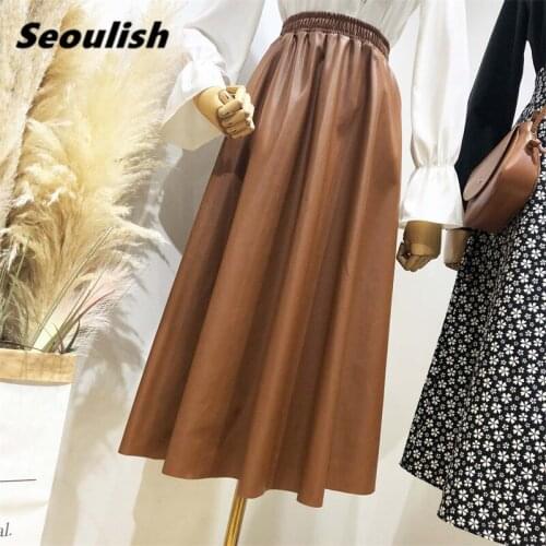 Seoulish 2021 New Autumn Winter PU Faxu Leather Womens Long Skirts Elastic High Waist Vintage Umbrella A-Line Skirts Female