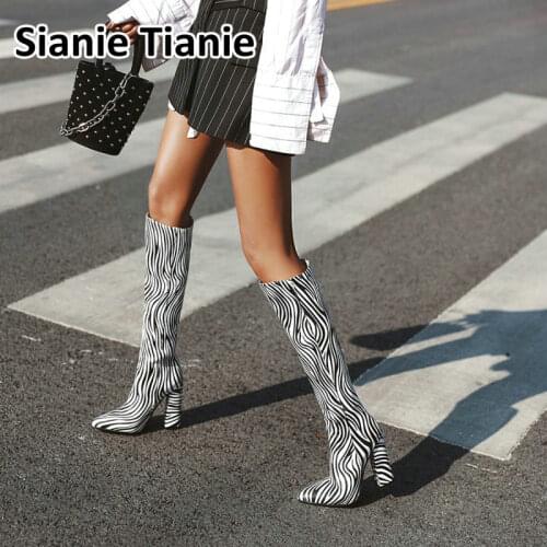 Sianie Tianie 2020 winter autumn sexy european woman boots pointed to block high heels zebra skin print women knee high boots