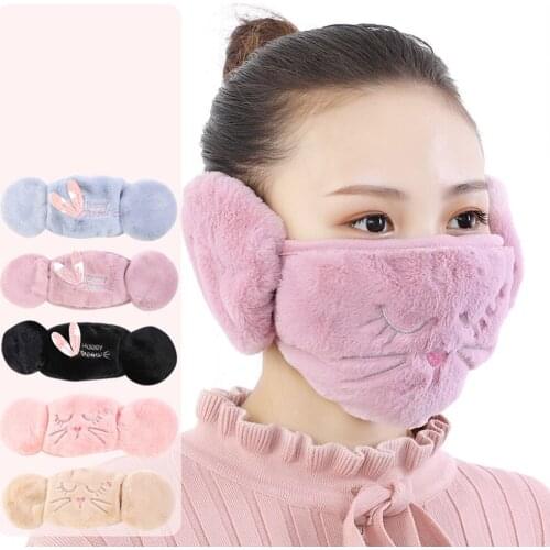 2021 Women 2 In 1 Warm Mask Earmuffs Fashion Cute Mouth Muffs Ear Cap Autumn Winter Thicken Plush Outdoor Riding Earflap New