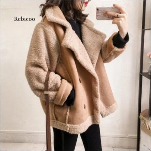 Women Winter Oversized Teddy Jacket Chic Faux Suede Fur Collar Coats Aviator Motorcycle Biker Jackets Female Lamb Wool Coat New