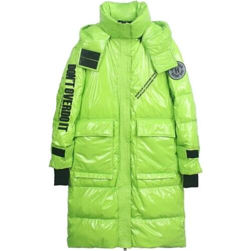 New mid-length down jacket women overcoat hooded shiny 2020 armband loose white duck down jackets ladies warm womens parka coat