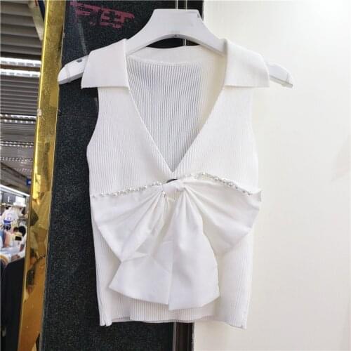 Summer Top women New Korean Style big Bow Suspenders knitted camisole tank Solid Color V-neck Temperament