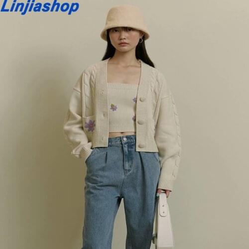 Women Chic Beige Floral Appliques Vintage Knitted Cardigans V Neck Loose Jackets Casual Y2K Female Sweater