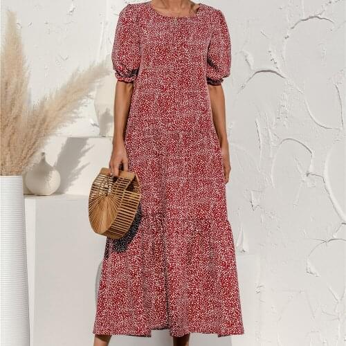 Summer Bohemian Long Dress Women Polka Dot Beach Casual Bubble Sleeve Dress Leopard Plaid Layers Stitching Dresses Ropa Mujer