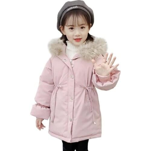 Girls Winter Padded Coat Thick Mid-Length Bowknot Big Fur Collar Solid Color Cotton Coat Childrens Fashion 3-12 Y Outerwear