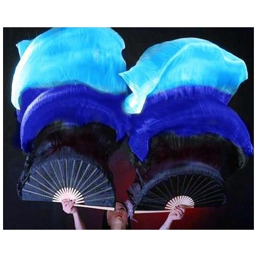 2 fans) 1 pairs of left + right 100% silk belly dance fan dark blue light blue veil (1.5 m1.8m 2.0m) shipping freedom