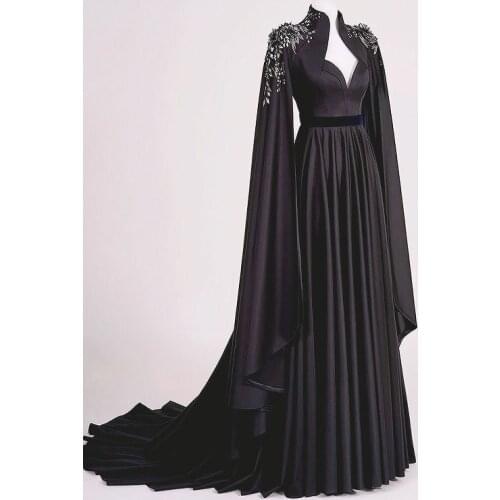 Satin Muslim Prom Dress with Cape High Neck A Line Beaded Saudi Arabic Evening Formal Party Gowns платье 2021