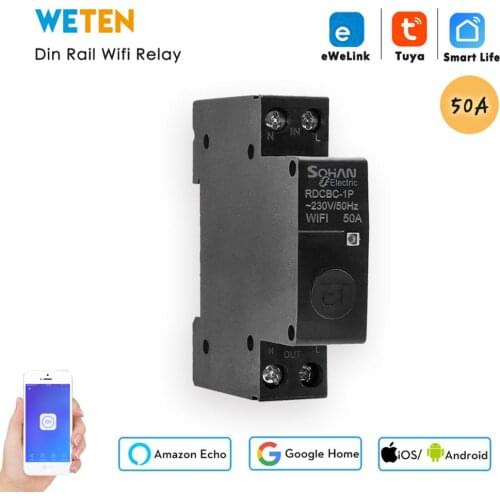 Tuya Wifi Circuit Breaker eWeLink Din Rail Smart Breaker 1P 50A, App Remote Control Work with Alexa Google Home for Smart Home