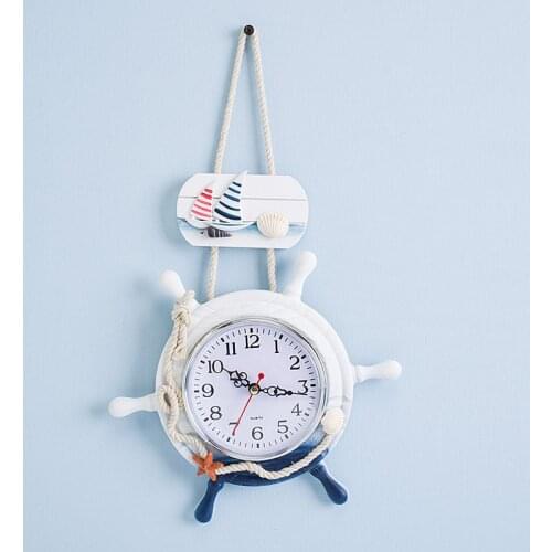 Big Wall Hanging Clock Mediterranean Style Ship Wheel Wood Anchor Clocks Children Bedroom Living Room Home Office Bar Decoration