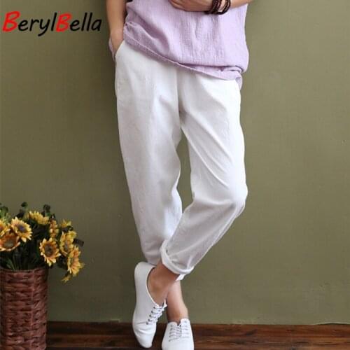 BerylBella Original Design Women Pants Summer White Cotton Casual Pant Elastic Waist Loose Trousers Female