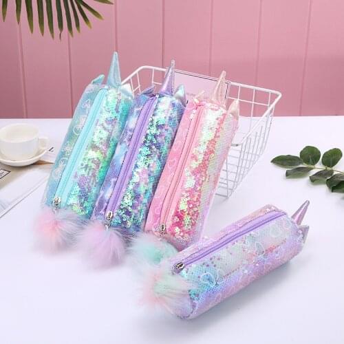 Glitter Cosmetic Bag Cute Animal Sequin Pencil Case Holder with Big Pom Pom Zipper Closure Storage Bag for Women