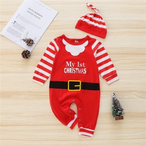 Baby Boys And Girls My First Christmas Outfits Long Sleeves Jumpsuit Santa Claus Costume with Hat Set 0-24Months