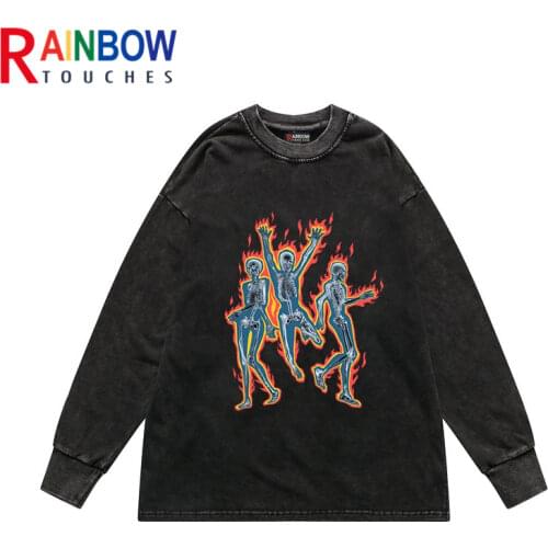 Rainbowtouches Mens High Street Fashion Loose Round Neck Rib Cuffs Abstract Printed Long Sleeve Washing T-shirt
