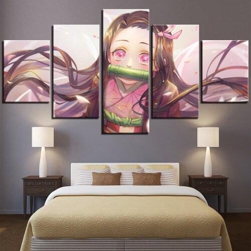 Art Wall Home Decor Painting 5 Panels HD Pictures Anime Girl Picture Kamado Nezuko Demon Slayer Poster Animation