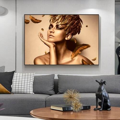 Golden Feather Makeup Oil Painting Picture Poster Canvas Print Painting Wall Art Living Room Home Decoration