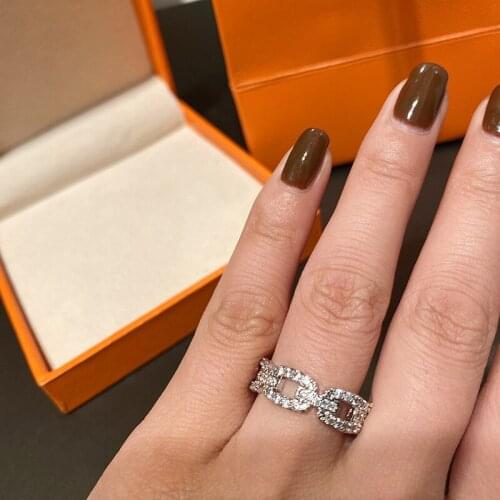 S925 silver custom open full diamond simple chain link chic net red niche ring cross index finger ring hipster jump di tail ring