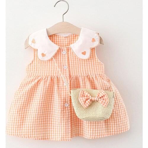 2pc Baby Girl Dress Summer Toddler Baby Kids Girl Sleeveless Plaid Heart Print Princess Dress Bag Outfits Baby Kleding Meisje