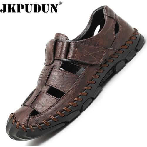 Summer Men Casual Sandals Genuine Leather Mens Slippers Italian Brand Mens Leather Clogs Designer Roman Sandals Zapatos Hombre