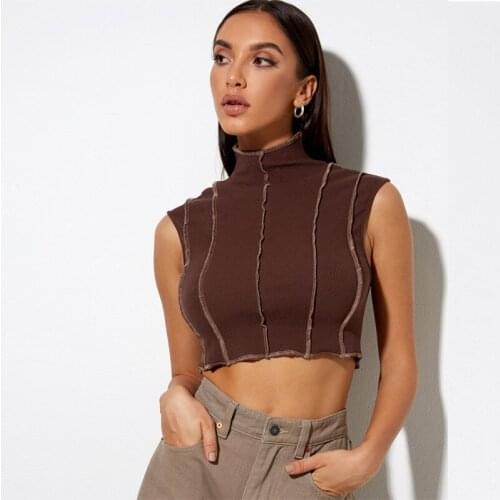 Summer Sleeveless T-shirt Women Green Stand Collar Crop Top Femme Beach Style Slim Short Tee Shirt Ladies Vest Top 2021