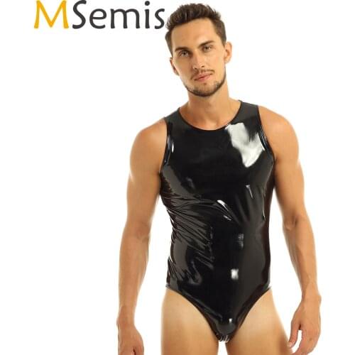 MSemis Men Lingerie Crewneck Wetlook Patent Leather Body suit Men High Cut Thong Leotard Bodysuit Costume Sleeveless Leotard Zip