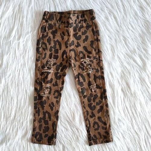 Latest style children fashion jeans girl boutique leopard pants girl elastic denim pants