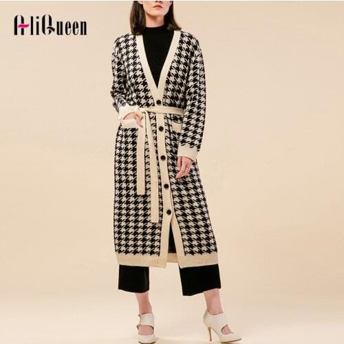 Autumn Houndstooth Oversized Knitted Long Cardigans Sweaters Women Long Sleeve Button Up V-neck Sashes Coats Retro Outerwear Top