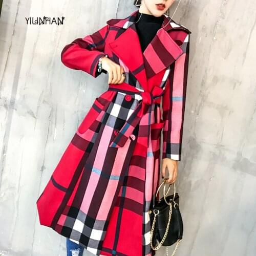 YILINHAN Autumn Women Long Trench Coat Office Lady Simple Classic Plaid Coat with Pocket Chic Female Windbreaker Trench Coat