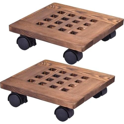 2Pcs Wooden Flower Pot Rack Removable Tray Plant Stand with Wheel Base Planter Flower Pot Mobile Trolley Board Frame Garden Home