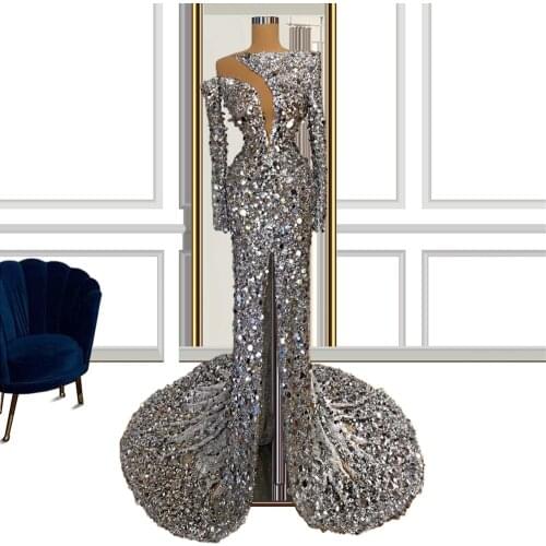 Stunning Silver Formal Dress Long Sleeves High Slit Party Dresses Women Evening vestidos de famosas Celebrity Dresses