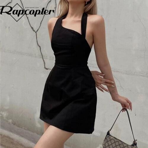 Rapcopter Irregular Mini Dress Solid Halter Dress y2k Summer Sleeveless Dress 90s Street Short Dress Women Partywear Beach 2021