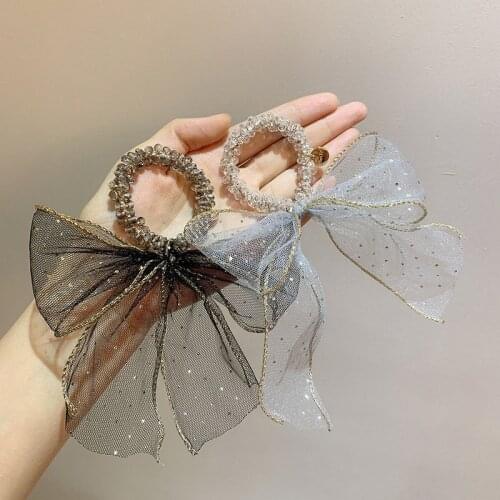 2021 New Korean Women Girls Lace Rhinestone Hair Ties Hair Ropes Rubber Elegant Bow Knot Ribbon Fashion Hair Accessories